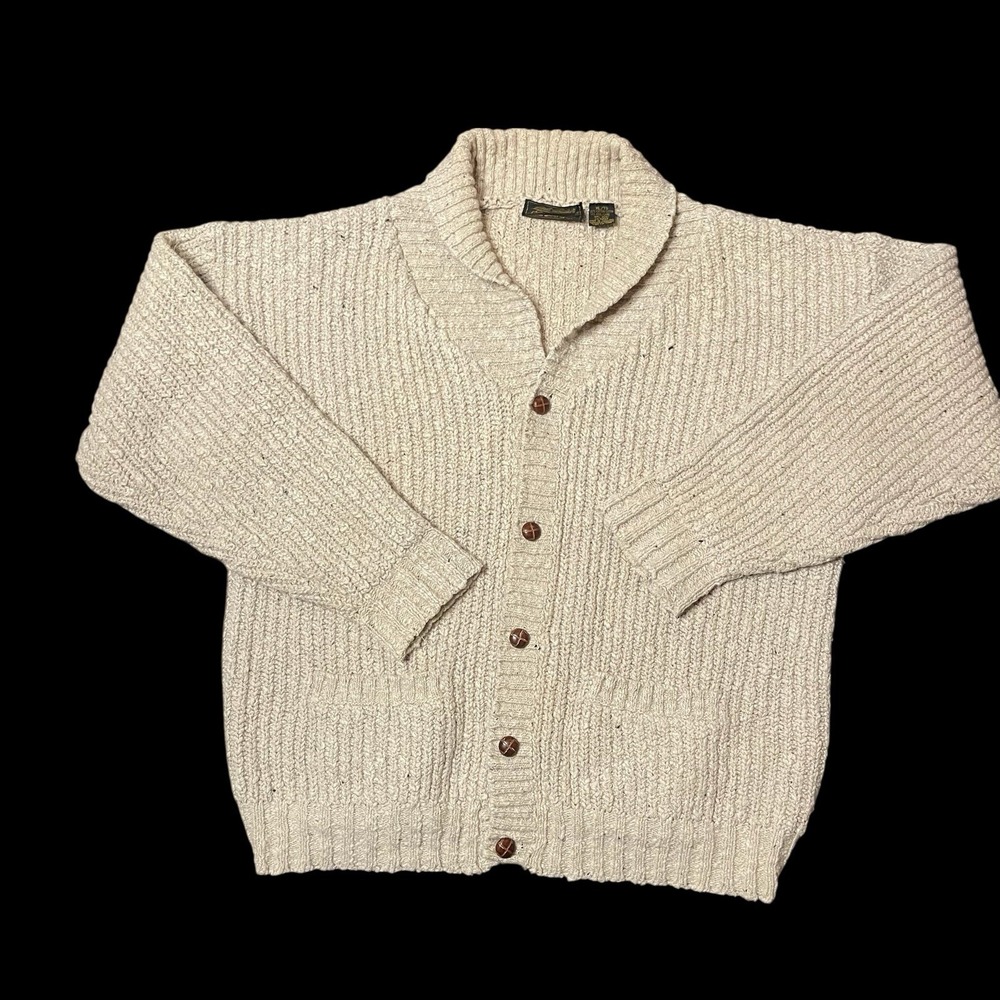 Eddie Bauer Mens XL Beige‎ Chunky Cable Knit Wool Cardigan Sweater Grandpa Cosby